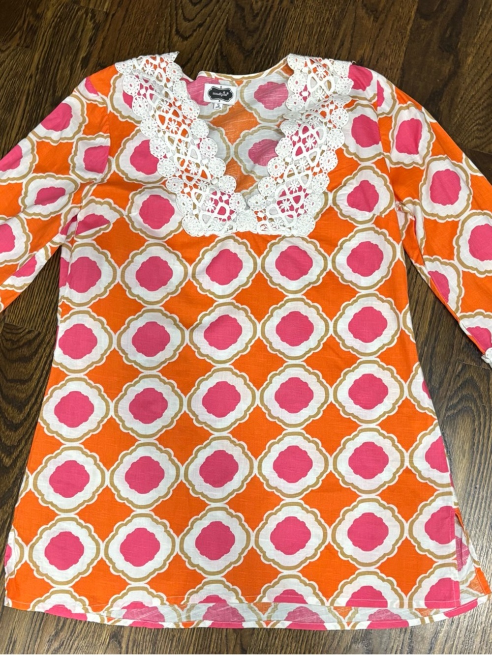 Mud Pie 100% Cotton Orange Pink Geometric Crochet Tunic Blouse Women's‎ S